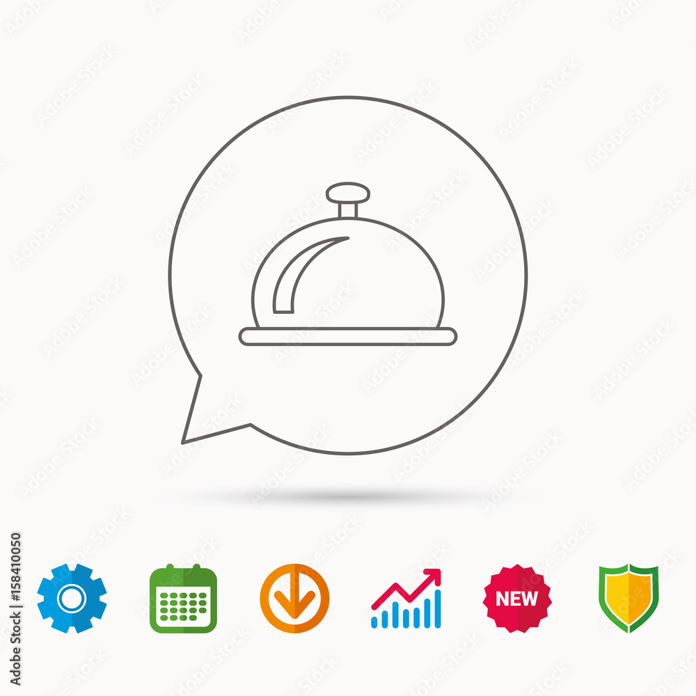 Reception bell icon. Hotel service sign. Calendar, Graph chart and Cogwheel signs. Download and Shield web icons. Vector Reception bell icon. Hotel service sign. Calendar, Graph chart and Cogwheel signs. Download and Shield web icons. Vector