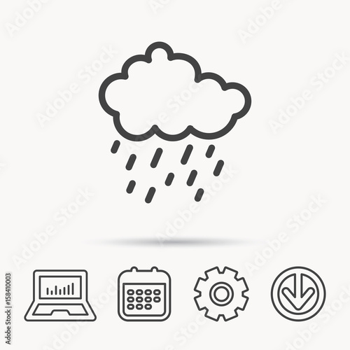 Rain icon. Water drops and cloud sign. Rainy overcast day symbol. Notebook, Calendar and Cogwheel signs. Download arrow web icon. Vector