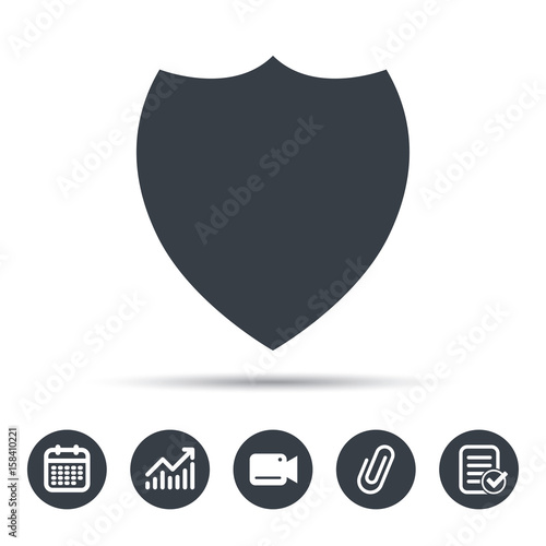 Shield protection icon. Defense equipment symbol. Calendar, chart and checklist signs. Video camera and attach clip web icons. Vector