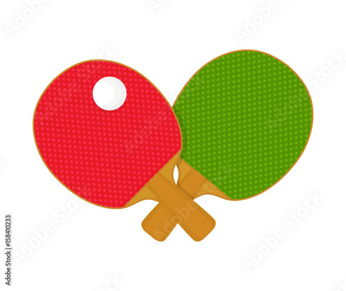 2 red and green table tennis racket bat and ball. Vector modern style cartoon illustration icon design. Isolated on white background, ping pong concept