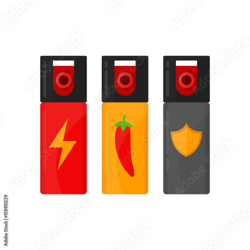 Set of self defense spray bottles. Vector modern style cartoon illustration icon design.  Pepper-spray, tear gas isolated on white background. concept of human attack technology, safety equipment