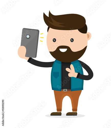 Young bearded hipster man do selfie photo on a smartphone phone. Vector flat modern style illustration character icon design. Isolated on white background.