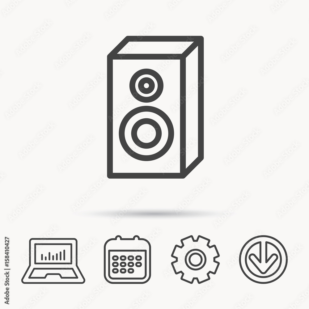 Sound icon. Musical speaker sign. Notebook, Calendar and Cogwheel signs. Download arrow web icon. Vector Sound icon. Musical speaker sign. Notebook, Calendar and Cogwheel signs. Download arrow web icon. Vector