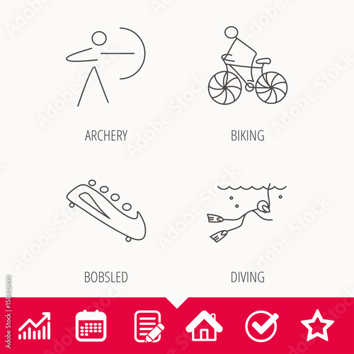 Diving, biking and archery icons. Bobsled linear sign. Edit document, Calendar and Graph chart signs. Star, Check and House web icons. Vector