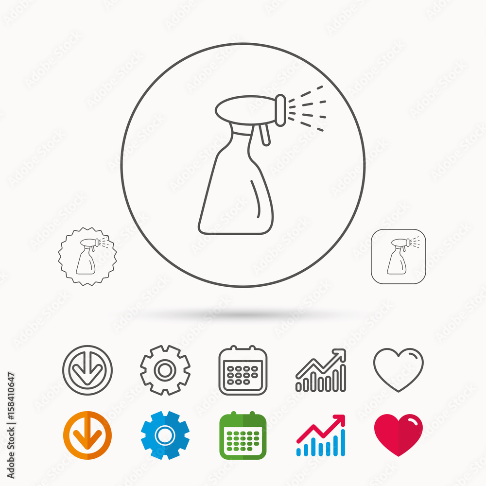 Cleaning spray bottle icon. Washing tool sign. Calendar, Graph chart and Cogwheel signs. Download and Heart love linear web icons. Vector Cleaning spray bottle icon. Washing tool sign. Calendar, Graph chart and Cogwheel signs. Download and Heart love linear web icons. Vector