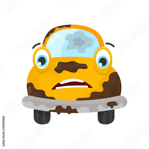 Sad dirty car. Vector flat modern style illustration character icon design. Isolated on white background. Car wash services, auto cleaning concept