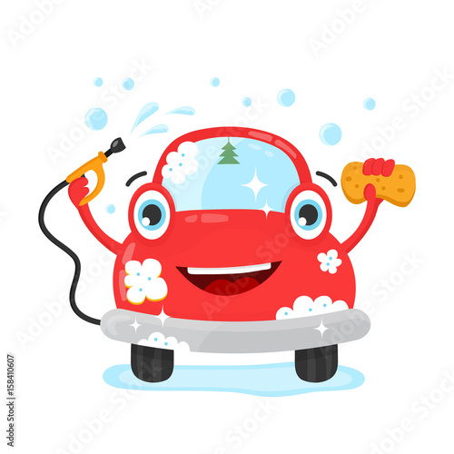 Happy cute fun clear car with hose and washcloth. Vector flat modern style illustration character icon design. Isolated on white background. Car wash services, auto cleaning, self-service concept