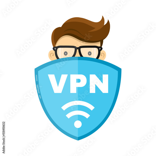 VPN protect safety concept. Man and save internet security wifi sign emblem shield. Vector flat modern style illustration character icon design. Isolated on white background