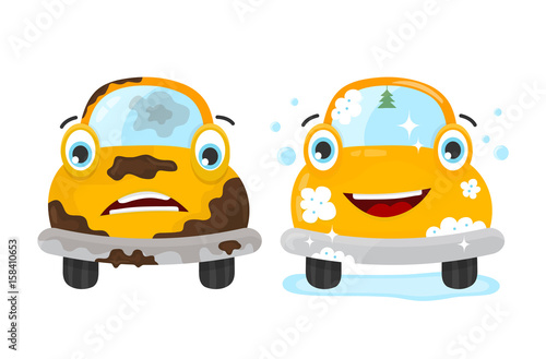 Dirty and clean car set. Vector flat modern style illustration character icon design. Isolated on white background. Car wash services, auto cleaning concept