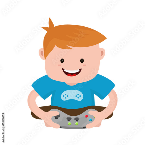 Cheerful happy boy young man hold joystick plays video game. Vector flat modern style illustration character icon design. Isolated on white background.  Gamer concept