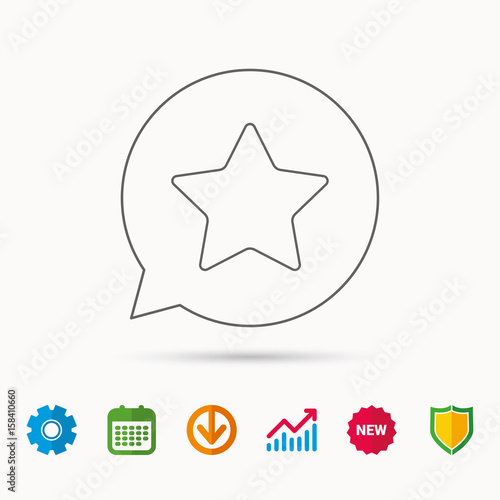 Star icon. Add to favorites sign. Astronomy symbol. Calendar, Graph chart and Cogwheel signs. Download and Shield web icons. Vector