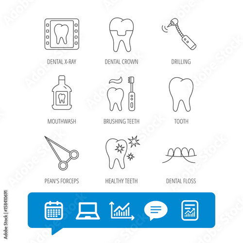 Stomatology, tooth and dental crown icons. X-ray, mouthwash and dental floss linear signs. Toothache, forceps icons. Report file, Graph chart and Chat speech bubble signs. Vector