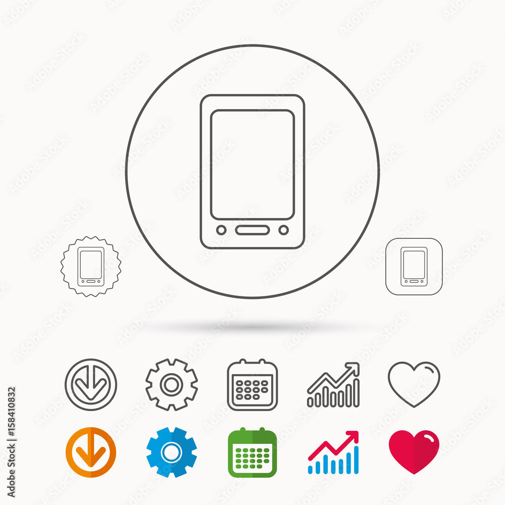Tablet PC icon. Touchscreen pad sign. Calendar, Graph chart and Cogwheel signs. Download and Heart love linear web icons. Vector Tablet PC icon. Touchscreen pad sign. Calendar, Graph chart and Cogwheel signs. Download and Heart love linear web icons. Vector