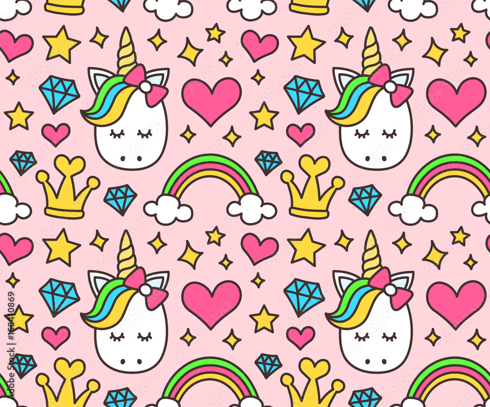 Seamless pattern with cute unicorns diamonds, hearts and rainbows