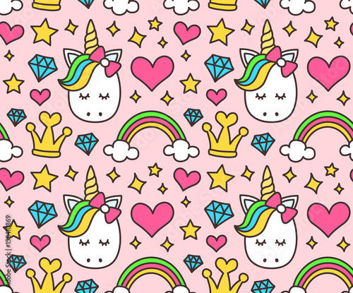 Canvas Print Cute unicorn, princess concept, girl beauty seamless pattern isolated on pink background