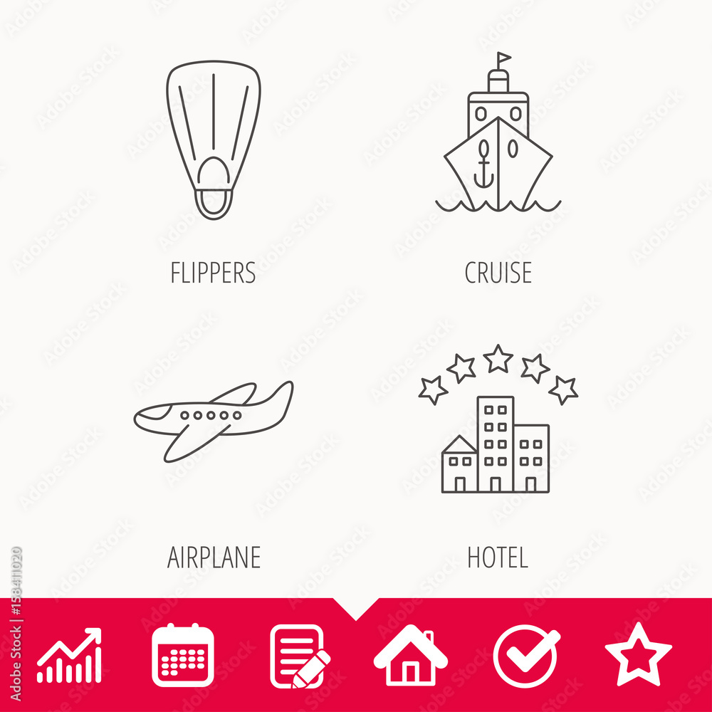 Cruise, flippers and airplane icons. Hotel linear sign. Edit document, Calendar and Graph chart signs. Star, Check and House web icons. Vector