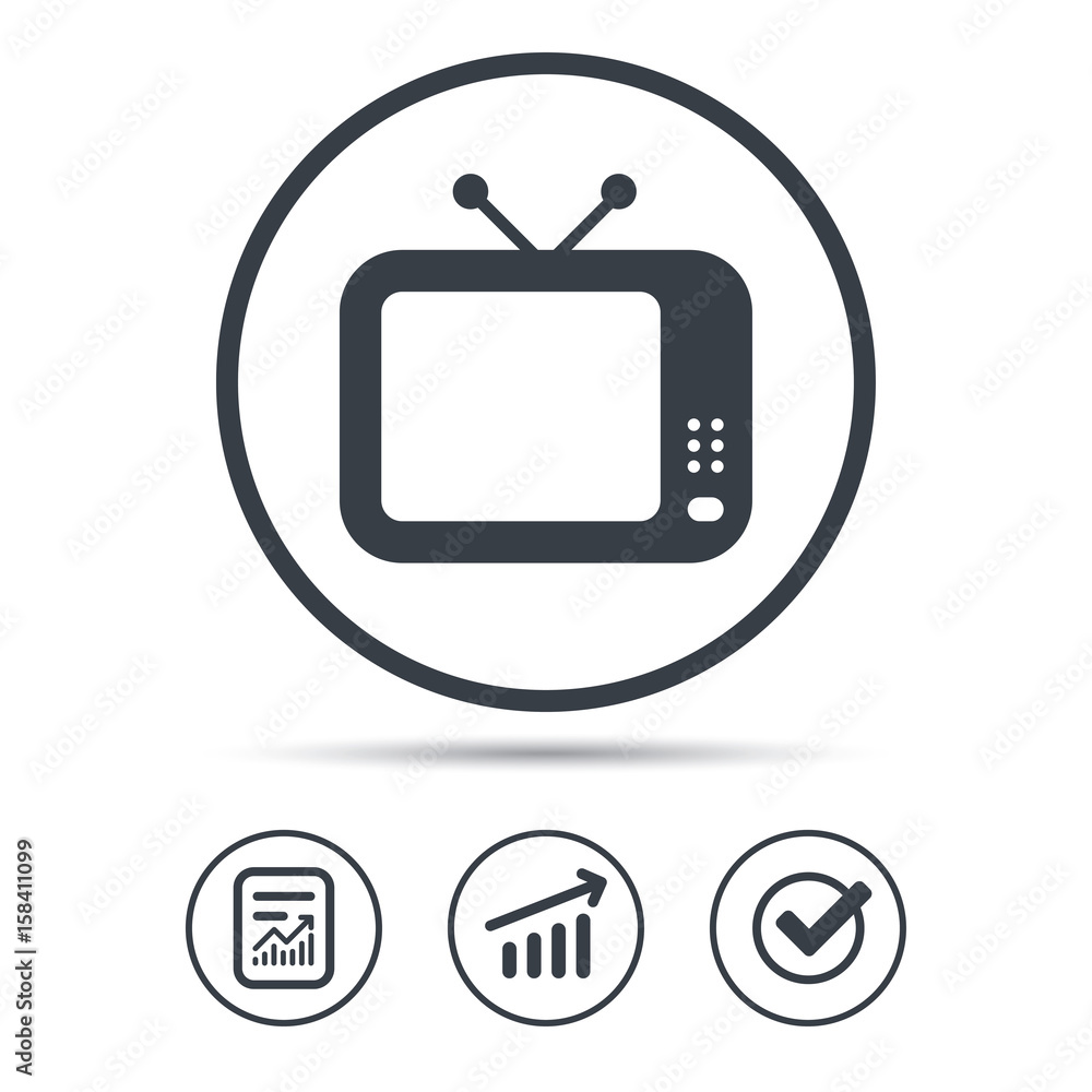 TV icon. Retro television symbol. Report document, Graph chart and Check signs. Circle web buttons. Vector TV icon. Retro television symbol. Report document, Graph chart and Check signs. Circle web buttons. Vector