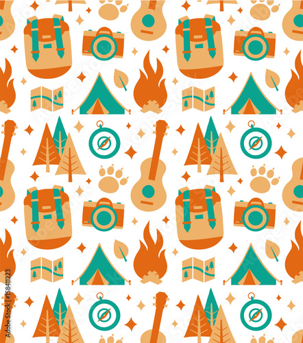 Wallpaper Mural Hipster nature travel adventure seamless pattern. Vector flat style modern illustration icon. ukulele, camping backpack. tent. forest. compass. camera. bonfire. isolated, map. stars.white.orange.green Torontodigital.ca
