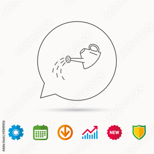 Watering can icon. Gardener equipment sign symbol. Calendar, Graph chart and Cogwheel signs. Download and Shield web icons. Vector