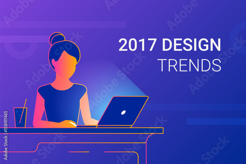 Young woman working with laptop at work desk. Modern gradient line vector illustration of designer or student interesting in 2017 design trends at workdesk. Educational background of people learning