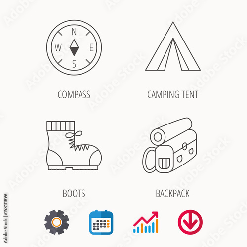 Backpack, camping tend and hiking boots icons. Compass linear sign. Calendar, Graph chart and Cogwheel signs. Download colored web icon. Vector