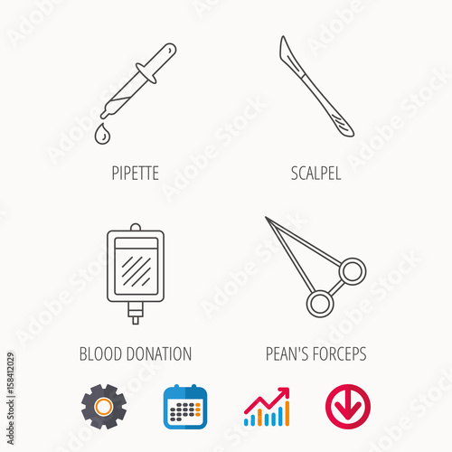 Blood donation, scalpel and pipette icons. Peans forceps linear sign. Calendar, Graph chart and Cogwheel signs. Download colored web icon. Vector