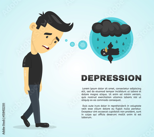 Depression infographic concept. Vector flat cartoon illustration icon design poster. Sad melancholy young man character