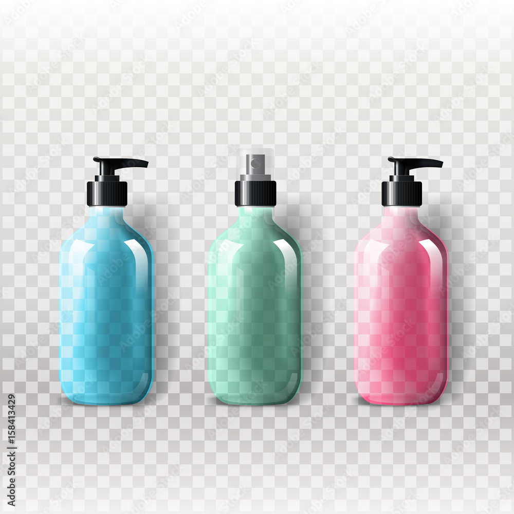 Mockup template for branding and product designs. Isolated realistic transparent glass bottles with dispenser spray and unique design. Easy to use for advertising branding and marketing.