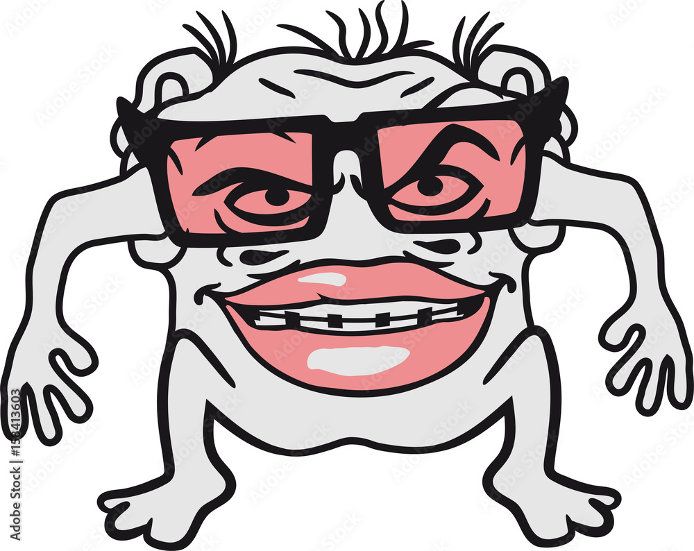 sonnenbrille hornbrille nerd geek hässlich zahnspange monster klein frech  böse horror comic cartoon Stock Illustration | Adobe Stock