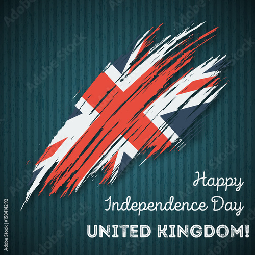 United Kingdom Independence Day Patriotic Design. Expressive Brush Stroke in National Flag Colors on dark striped background. Happy Independence Day United Kingdom Vector Greeting Card.