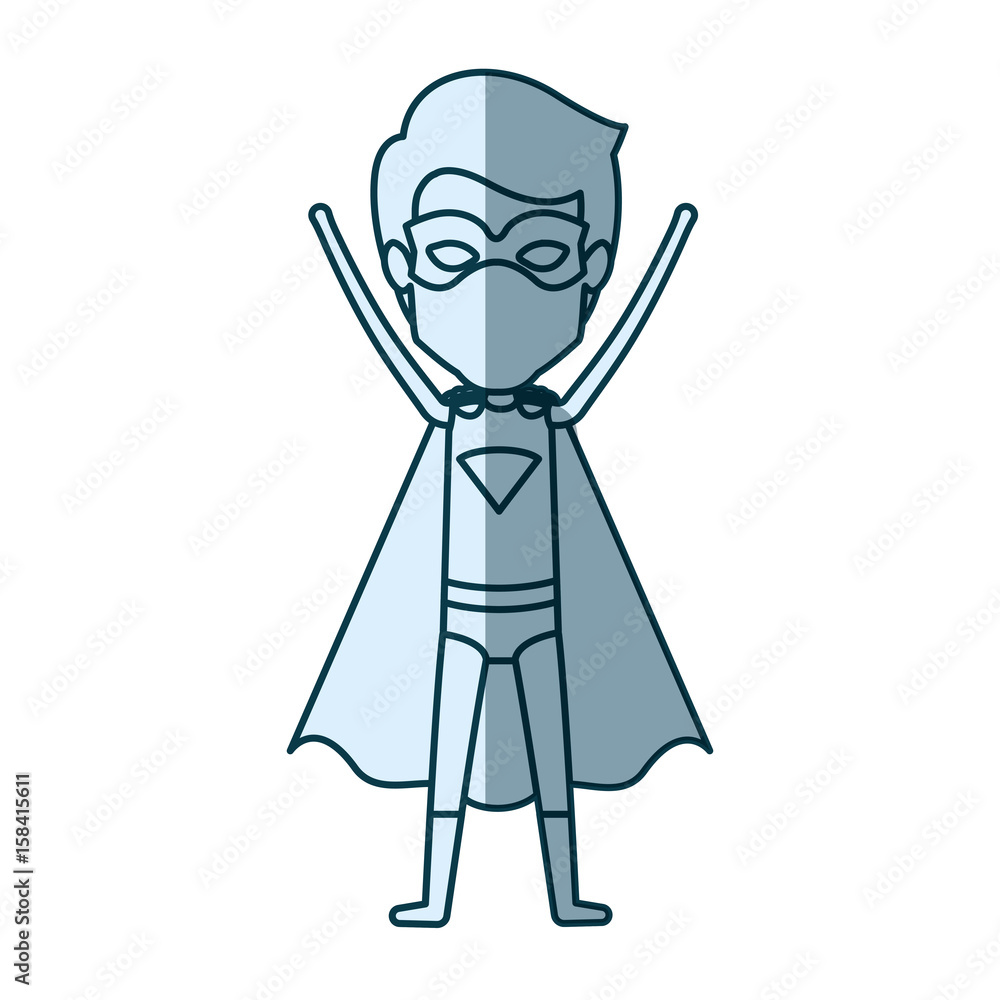 blue shading silhouette of standing faceless young superhero with arms up vector illustration