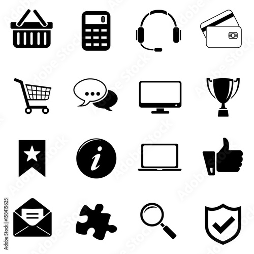 Vector set (3) web icons - ( shopping , math , call center , credit card , communications , computer , cup , bookmark , information , laptop , like , email , solution , research , security )