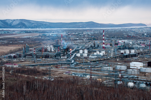 View of the Komsomolsk oil refinery in spring