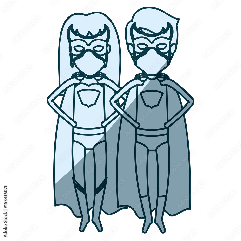 blue shading silhouette of faceless couple of superheroes flying with hands in your waist vector illustration blue shading silhouette of faceless couple of superheroes flying with hands in your waist vector illustration