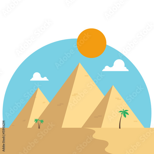 Egypt pyramids in desert flat design. Travel concept famous