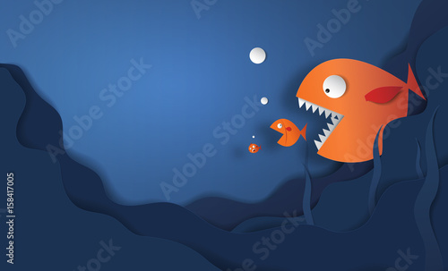 Big fish eat small fish vector paper cut and copy space cute art illustration