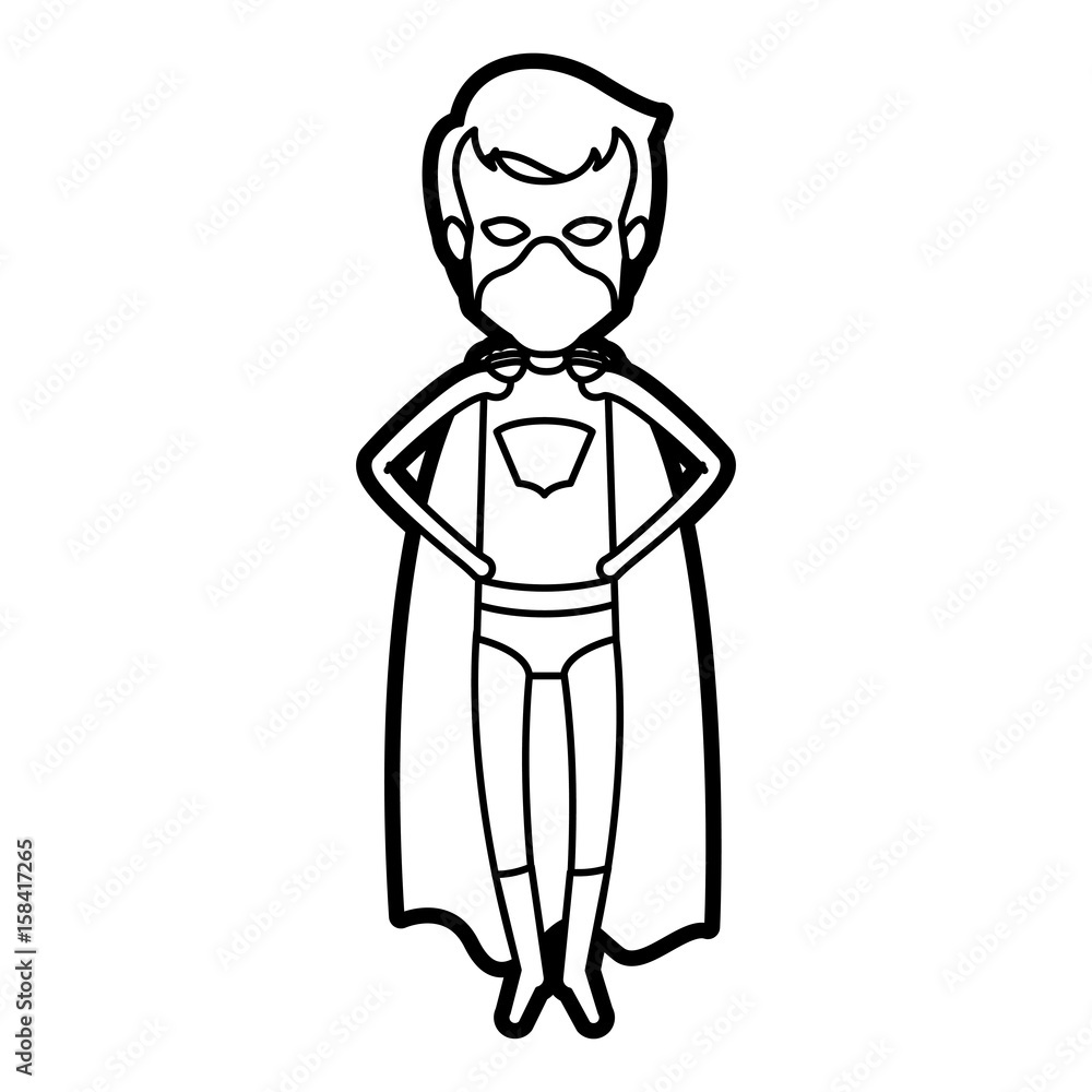 monochrome thick contour of standing faceless superhero young flying with hands in your waist vector illustration