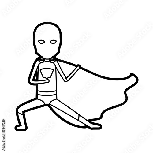 monochrome thick contour of standing faceless kid superhero in defensive pose vector illustration