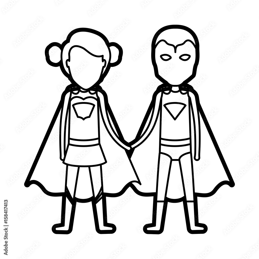 monochrome thick contour of faceless duo of superheroes united of the hands and her with collected hair vector illustration