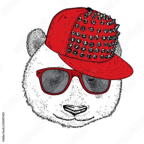 Fototapeta Naklejka Na Ścianę i Meble -  Cute panda in a cap with spikes and glasses. Vector illustration for a postcard or a poster. Funny bear. Animal in clothes.