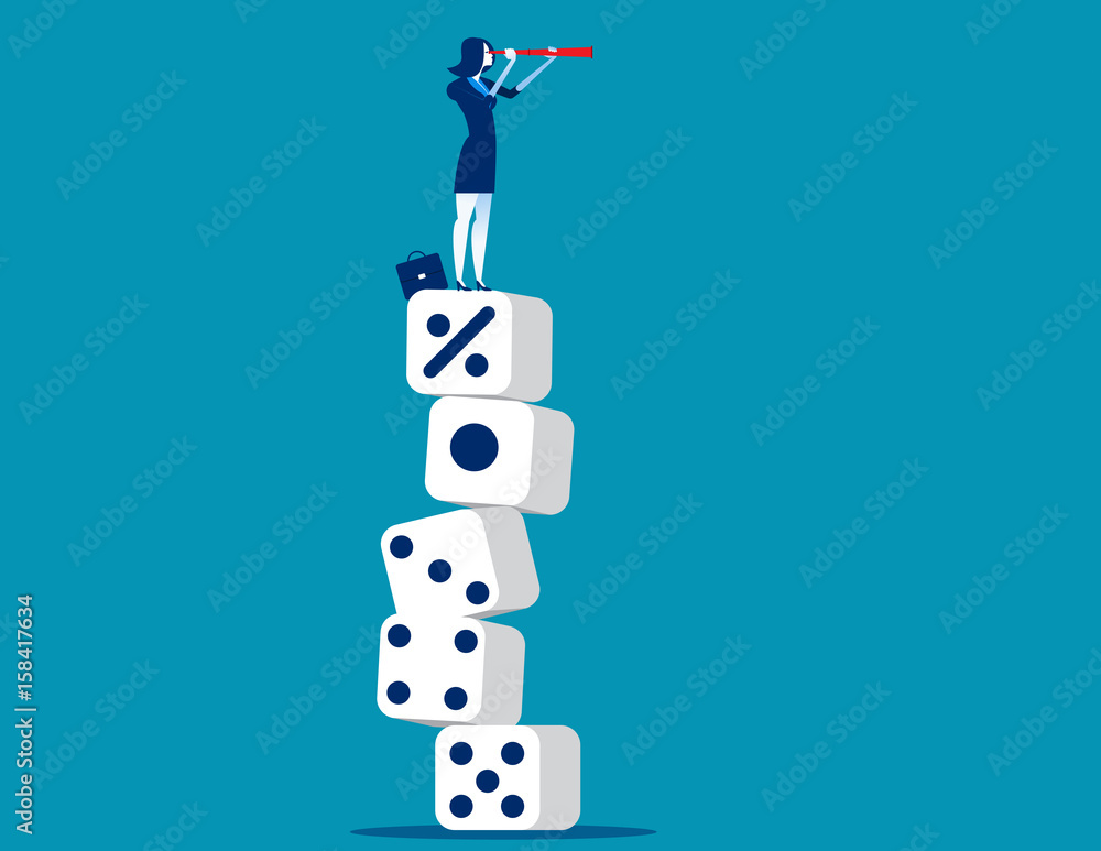 © zenzen - Businesswoman looking telescope and standing on percentage sign of large dice. Business vector.