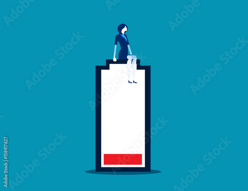 Businesswoman sitting on top of low battery symbol. Concept business vector.