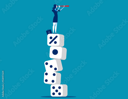 Businesswoman looking telescope and standing on percentage sign of large dice. Business vector.