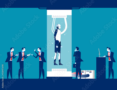 Robot standing in capsules and production people . Concept business technology vector.