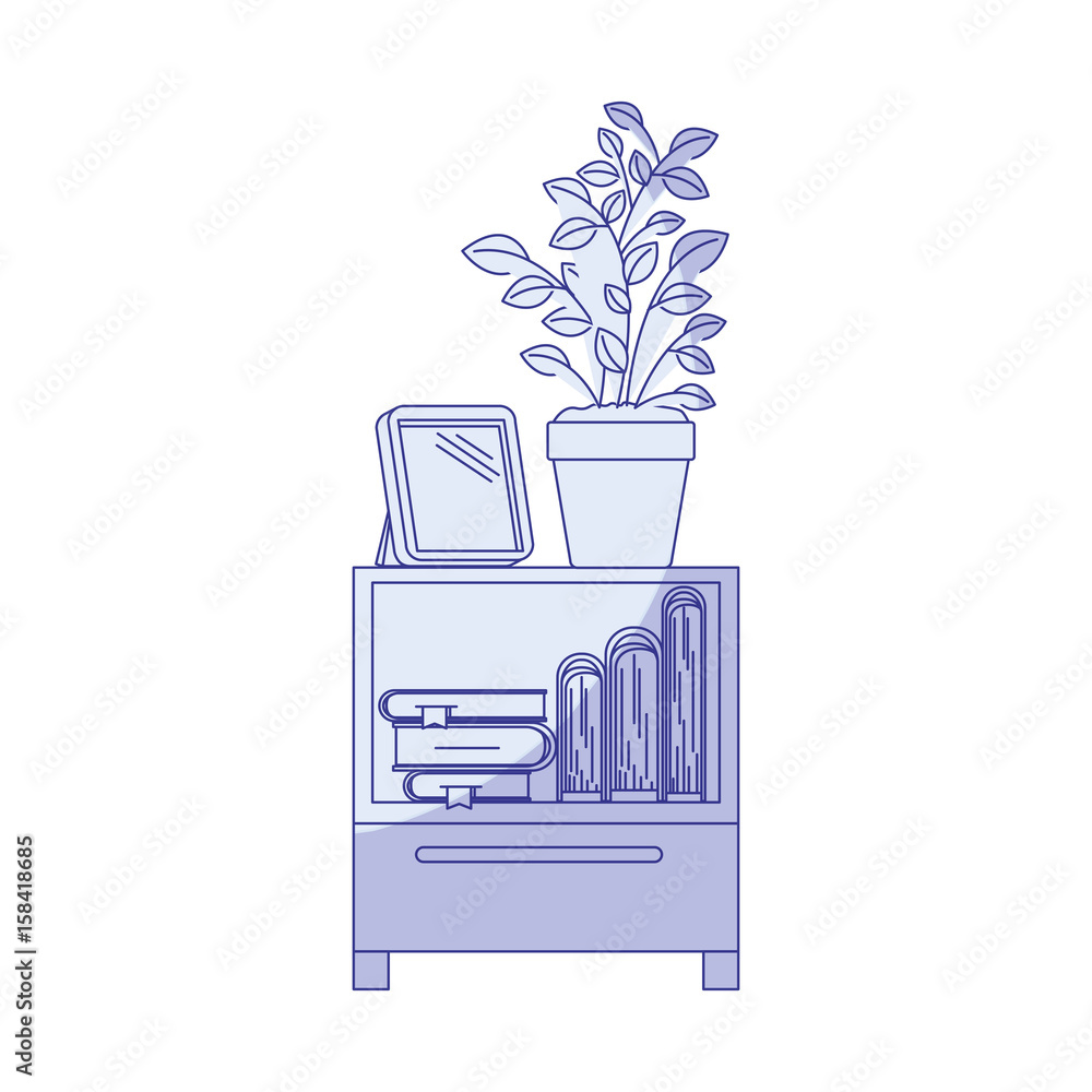 blue shading silhouette of decorative cabinet table with books and plantpot vector illustration blue shading silhouette of decorative cabinet table with books and plantpot vector illustration