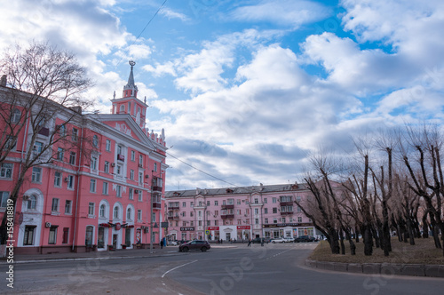 Komsomolsk-on-Amur, a pink building with a spire
