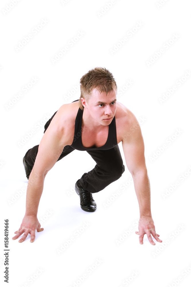 Full length portrait of a fitness man running isolated on a white background Full length portrait of a fitness man running isolated on a white background