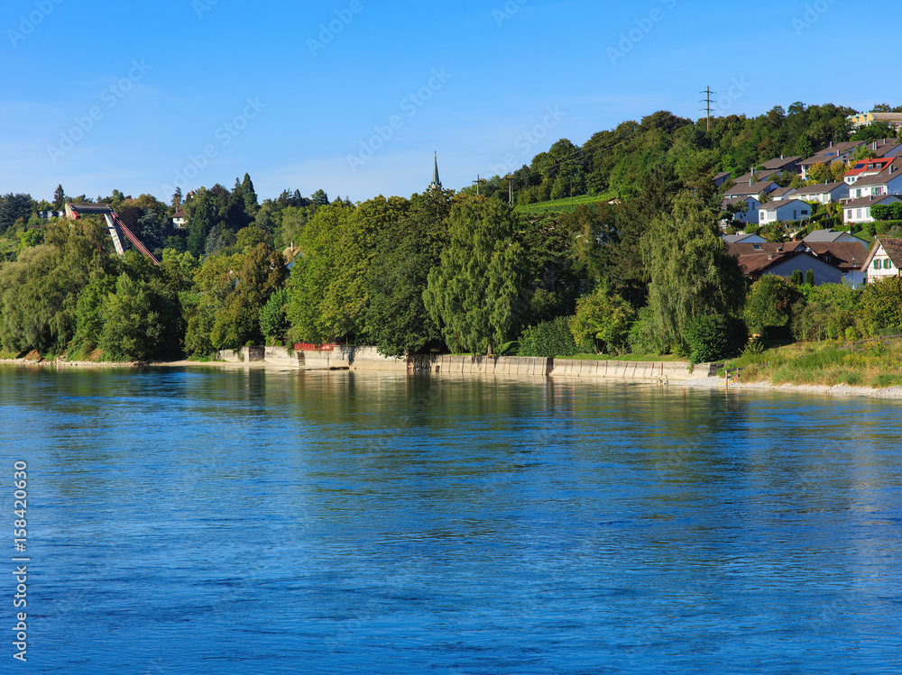 The Rhine river between the city of Schaffhausen and the Rhine Falls in Switzerland