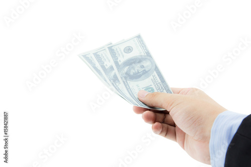 hand holding 100 Dollar bills isolated on white background, clipping part.