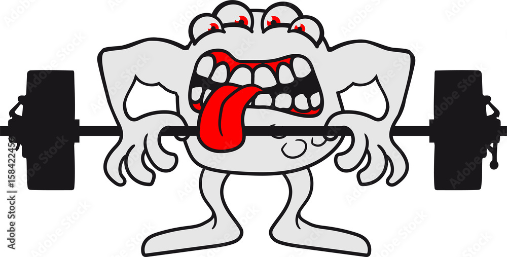 Obraz premium schlecken hanteln gewichte heben stark bodybuilder viele augen maul fressen süß niedlich komisch lustig monster klein frech böse horror comic cartoon